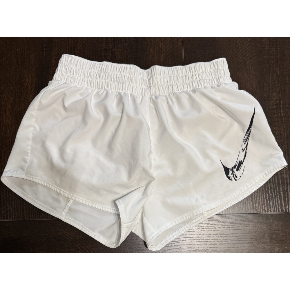 Nike Womens White Dri-FIT Running Shorts Size M Graphic Swoosh Athletic